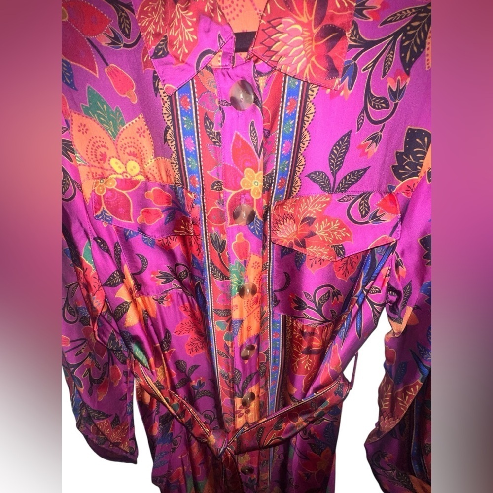 {FARM Rio Floral Pink Tropical Print Midi Shirt Dress Tapestry Size Small} - Picture 5 of 13